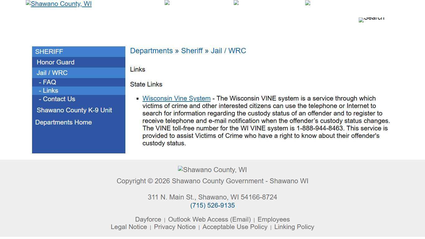Shawano County | Departments | Sheriff | Jail / WRC | Links
